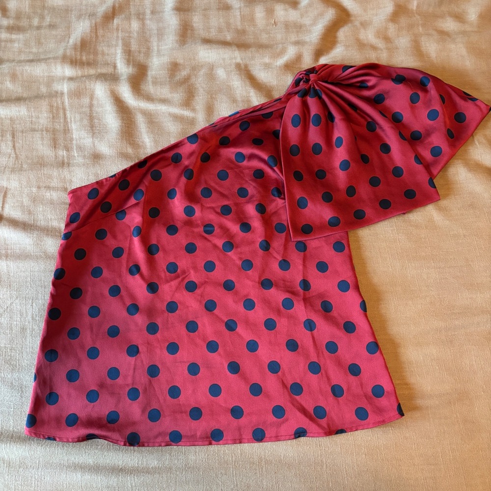 Sachin & Babi Anthropologie One Shoulder Bow Top L Polka Dot Red Retro Glam